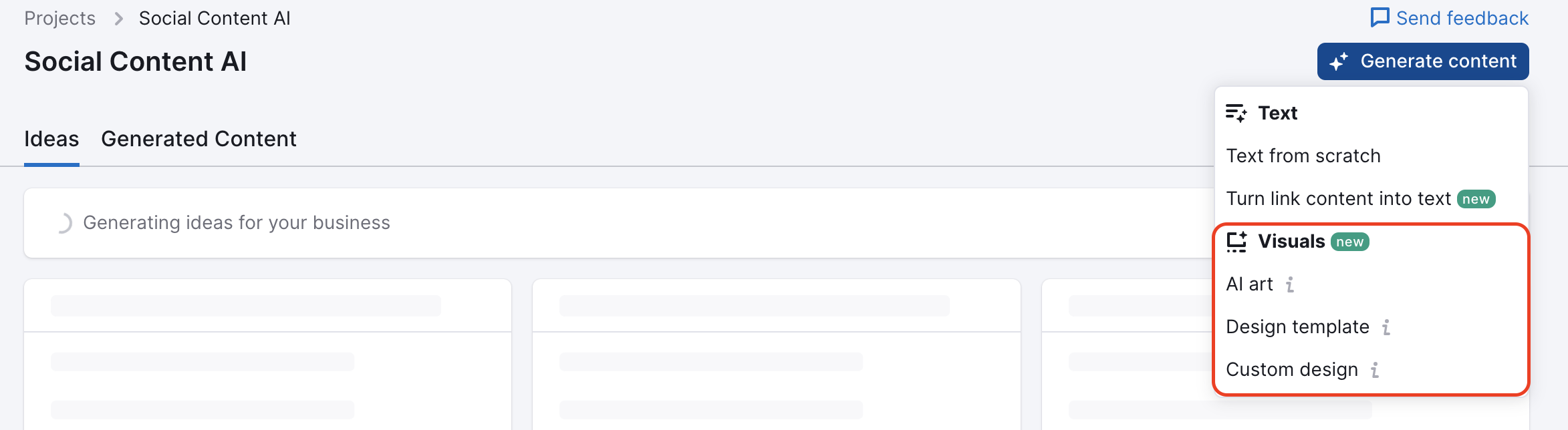 An example of the Generate content button with the Visuals options highlighted in the drop-down.
